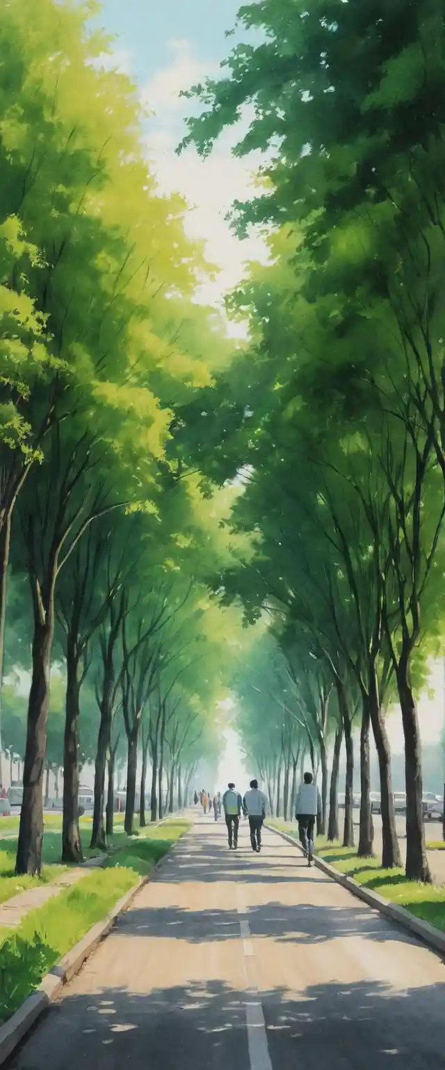 Pencil drawn pedestrians walk along a tree lined urban road