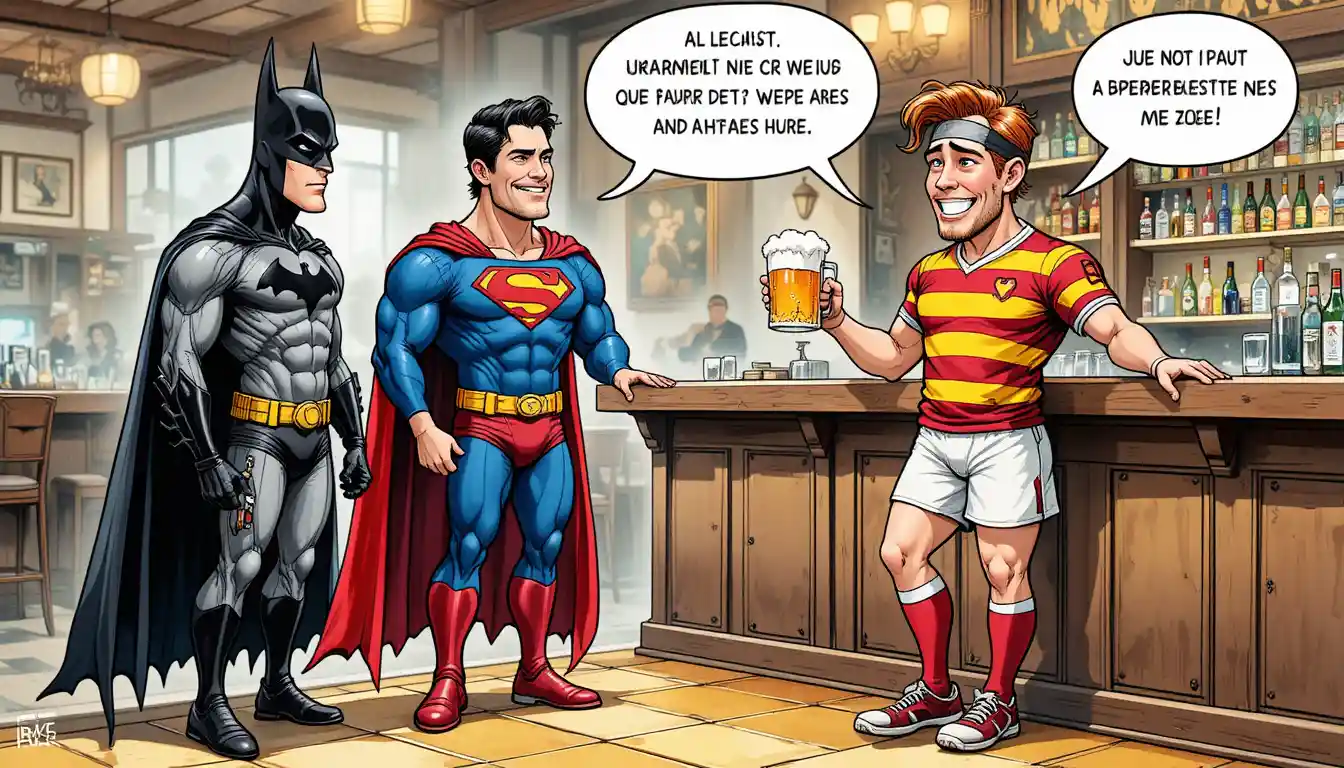 Batman and Superman share a pub scene with a cheerful rugby player