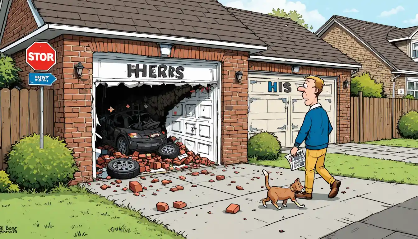 A Cartoon Garage Mishap Leaves One Door Crumpled Beside an Intact One