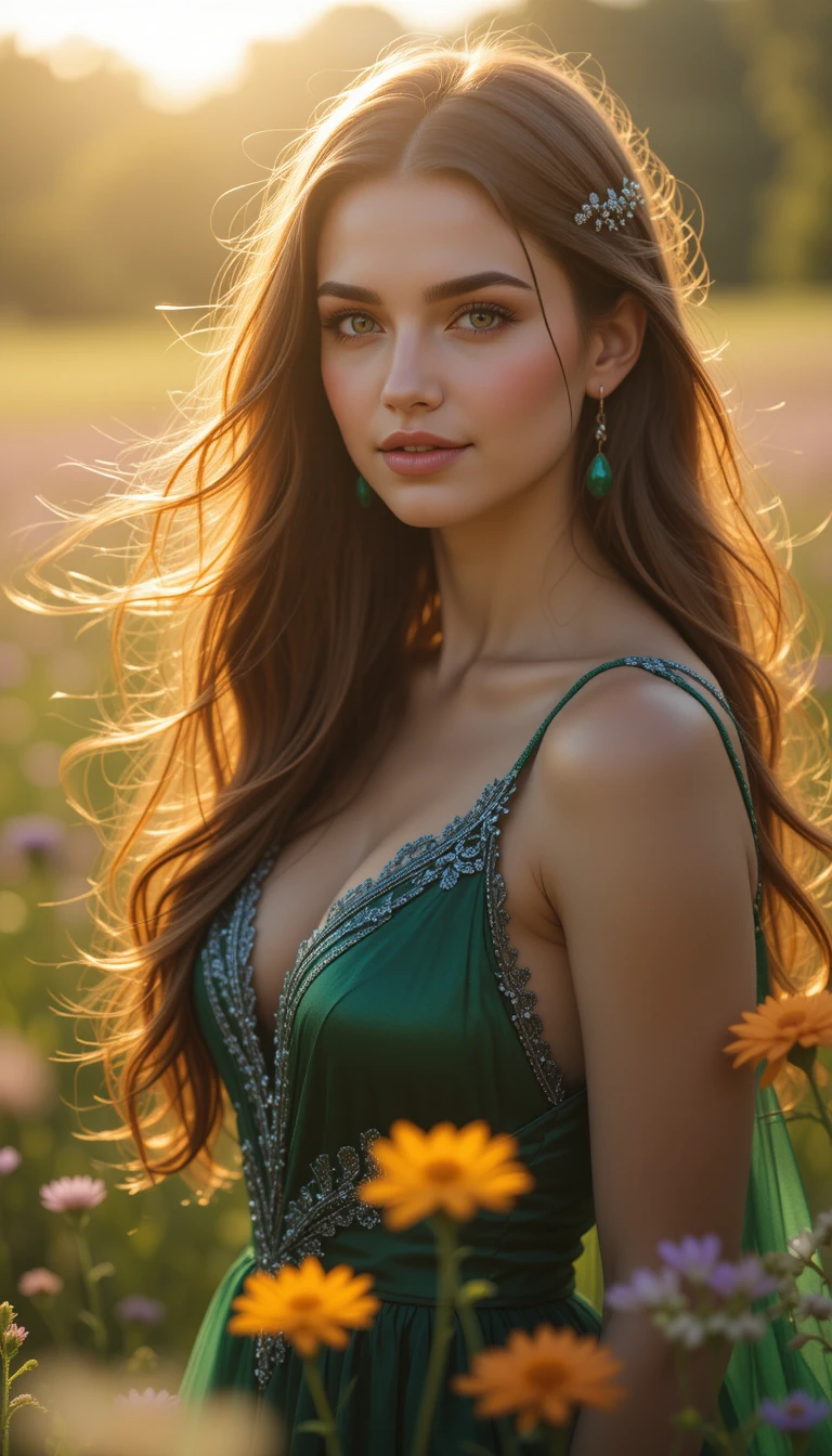 Eine Zauberin steht in einer Wildblumenwiese in der späten Nachmittagssonne