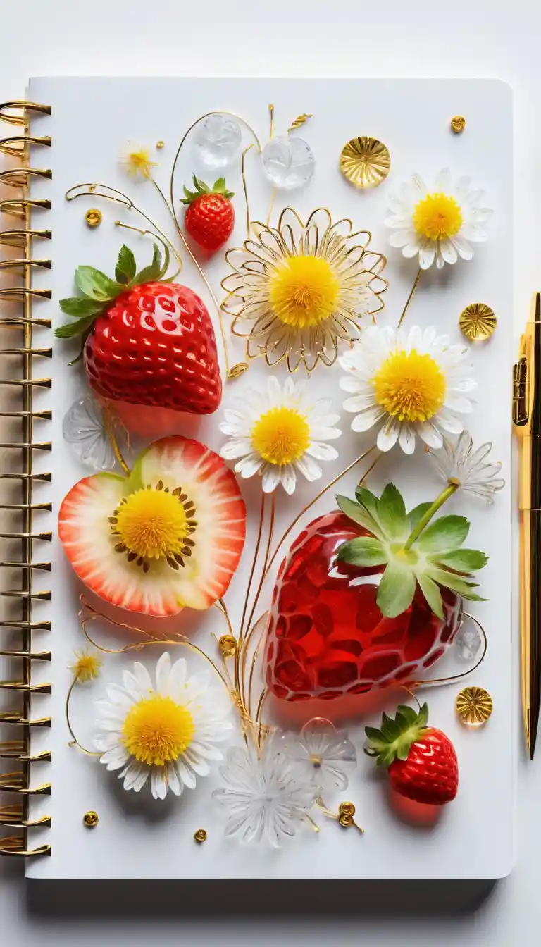 Fluid art with glass strawberries, apple slices, ears, and dandelions