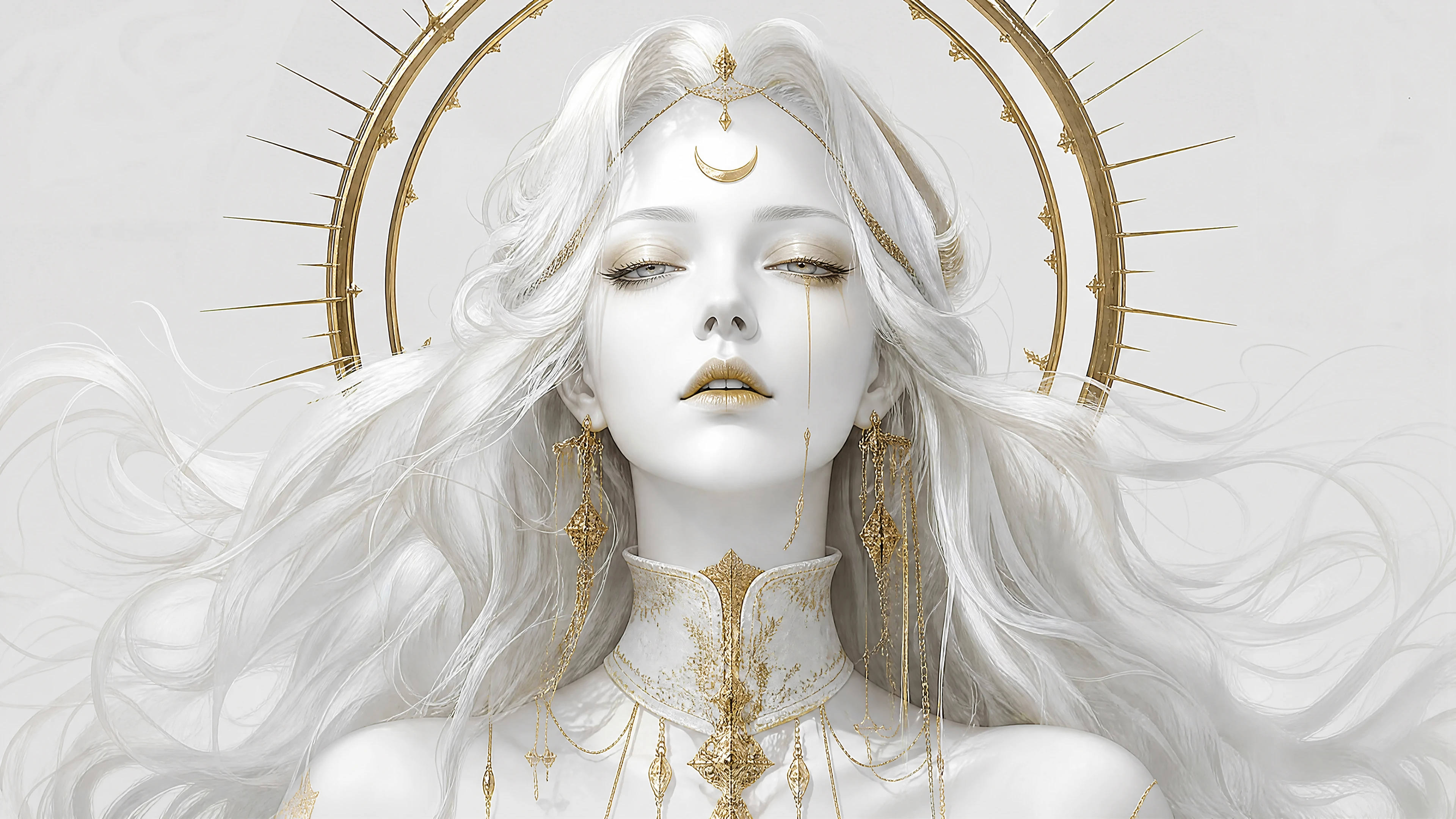 Women with snow-white skin and gold details in a mystical black-and-white vision