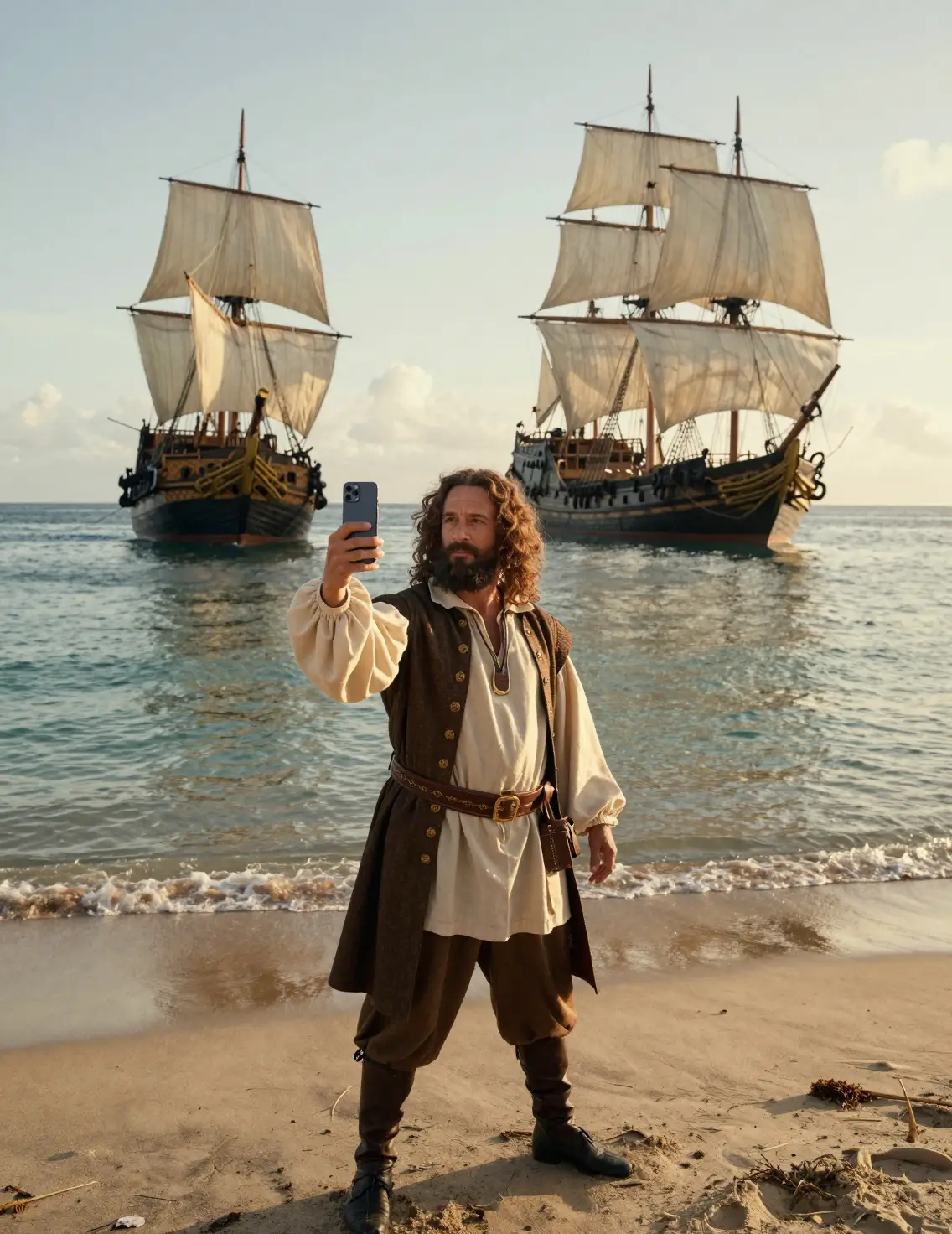 Christopher Columbus takes a selfie while wading ashore on an American beach