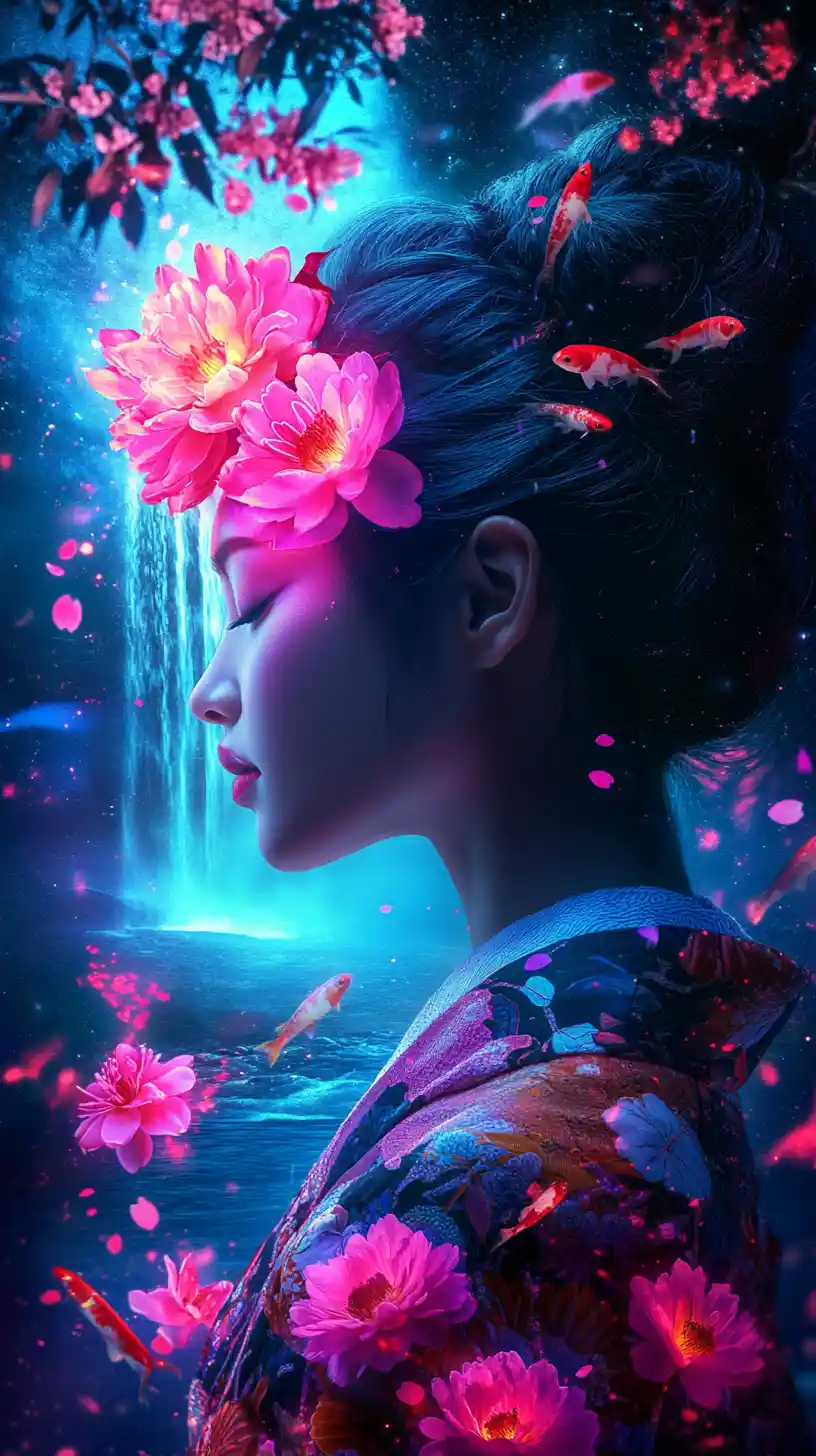 A Japanese Woman in a Neon Kimono Against a Glowing Waterfall