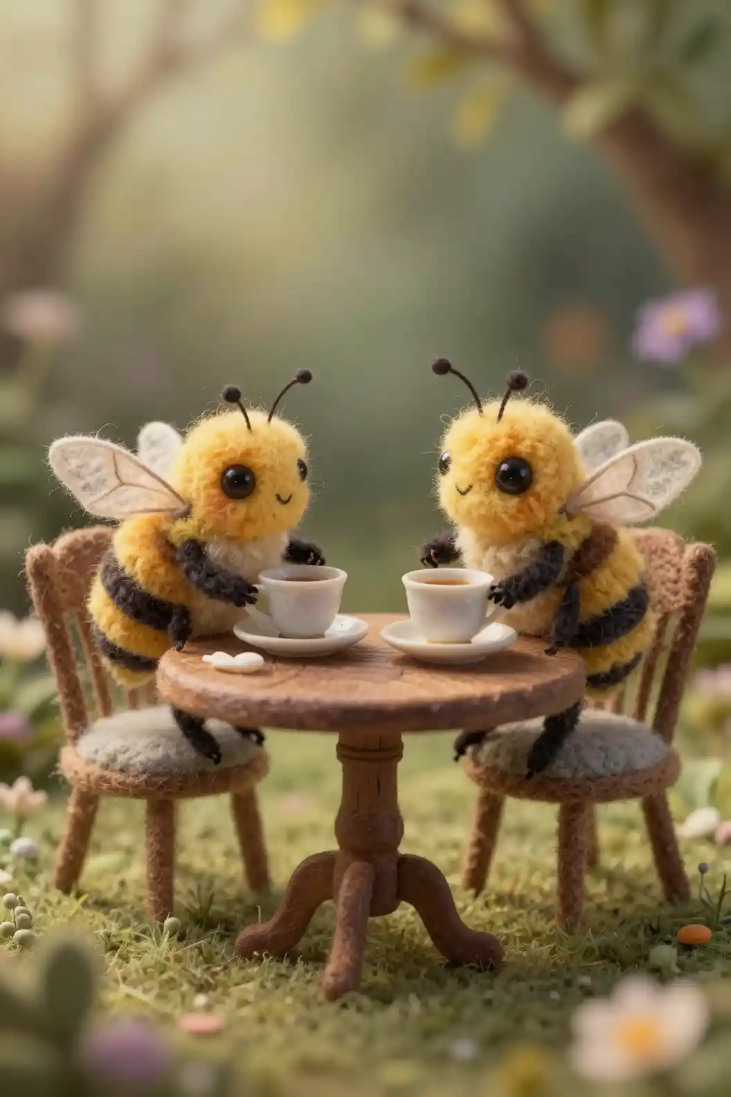 Two felted bees share afternoon tea in a garden