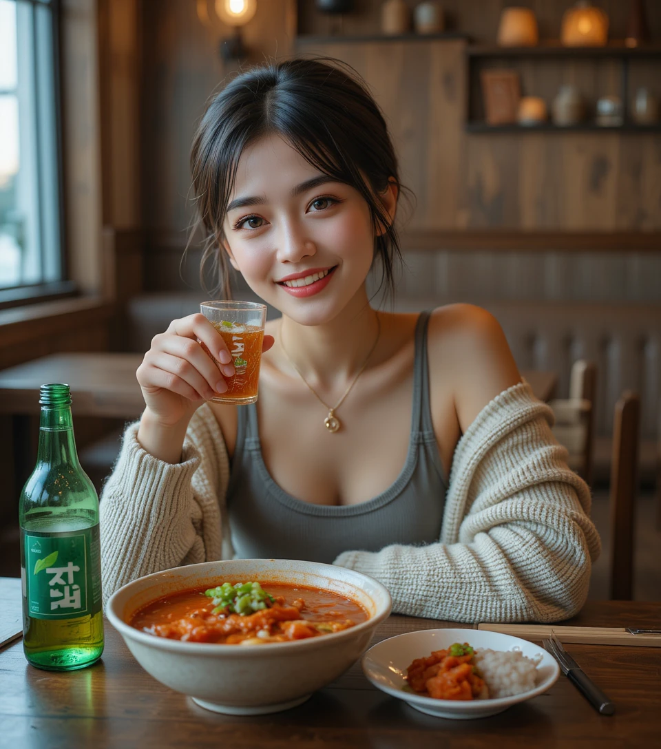 Young Woman Enjoys a Warm Meal at a Cozy Restaurant