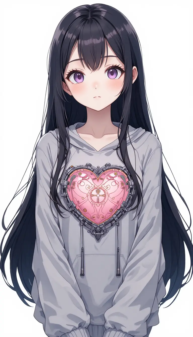 Ragazza anime chibi con un cuore meccanico rosa sul petto