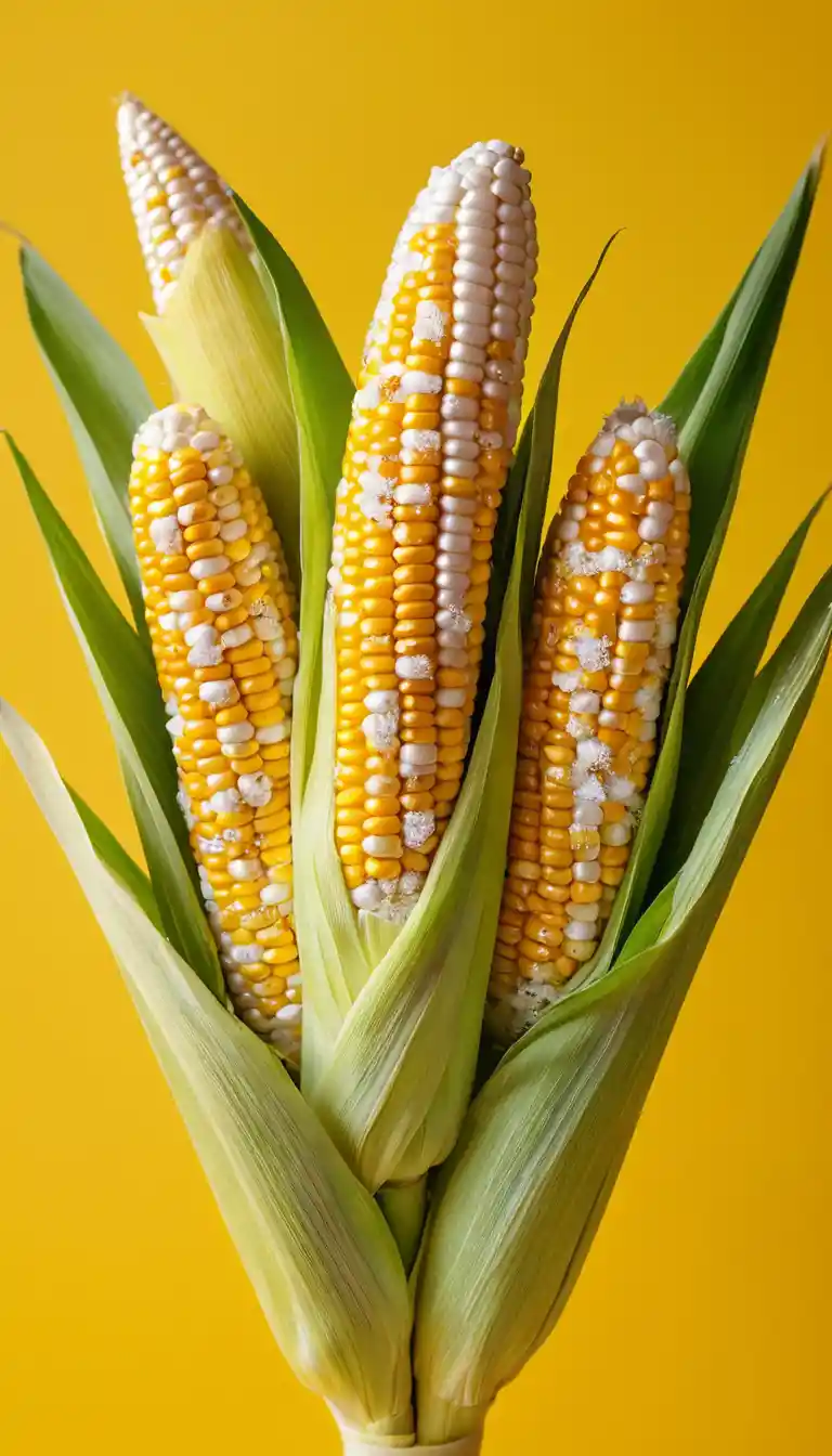 A bouquet of salted cooked corn arranged against a bright yellow background