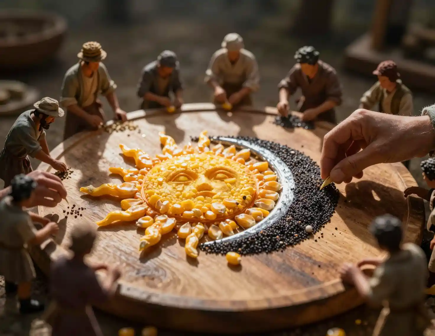 Piccoli lavoratori dispongono semi formando un emblema celeste su un vassoio di legno