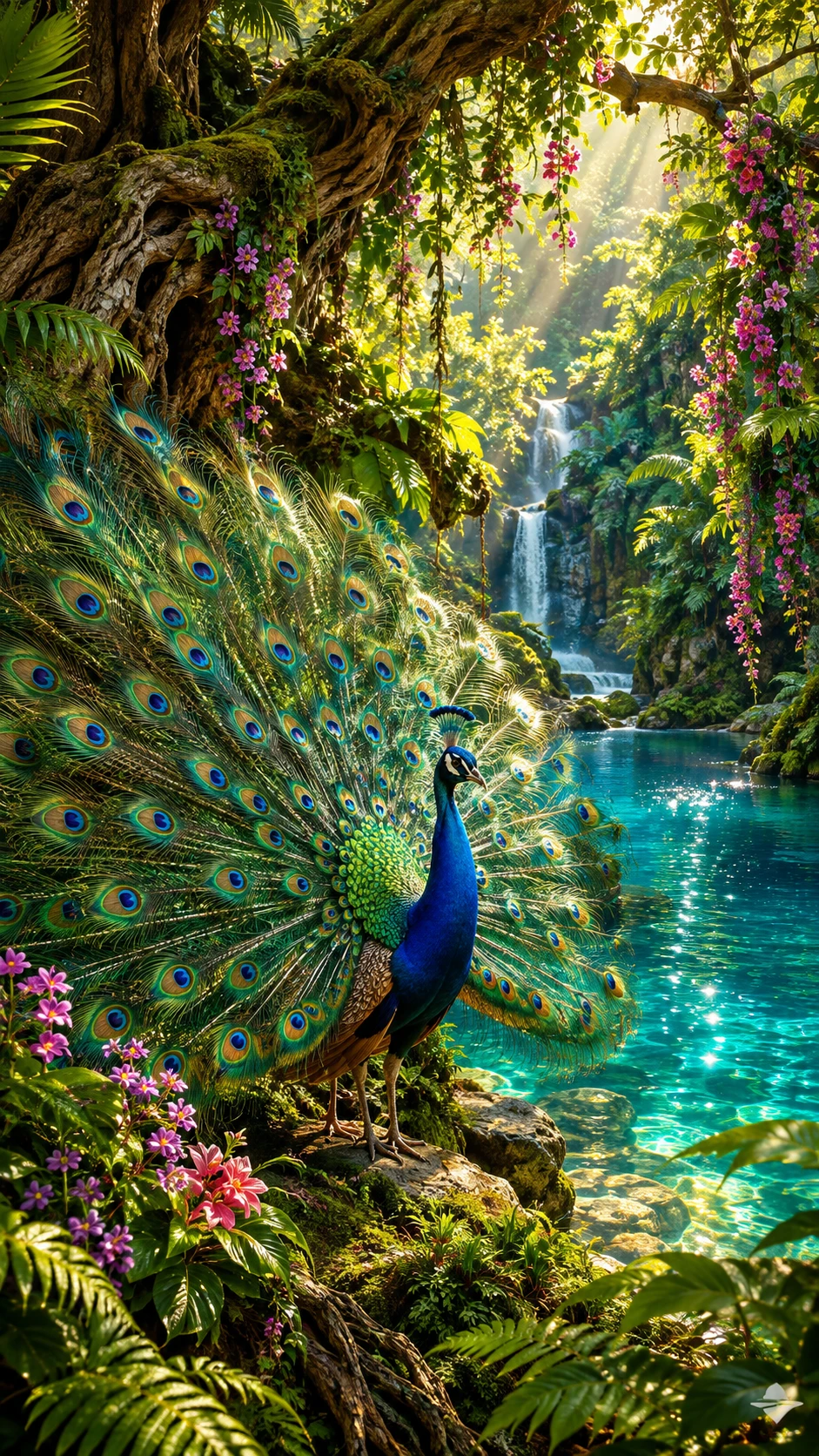 A Peacock Displays Its Iridescent Tail Beside a Hidden Turquoise Lagoon