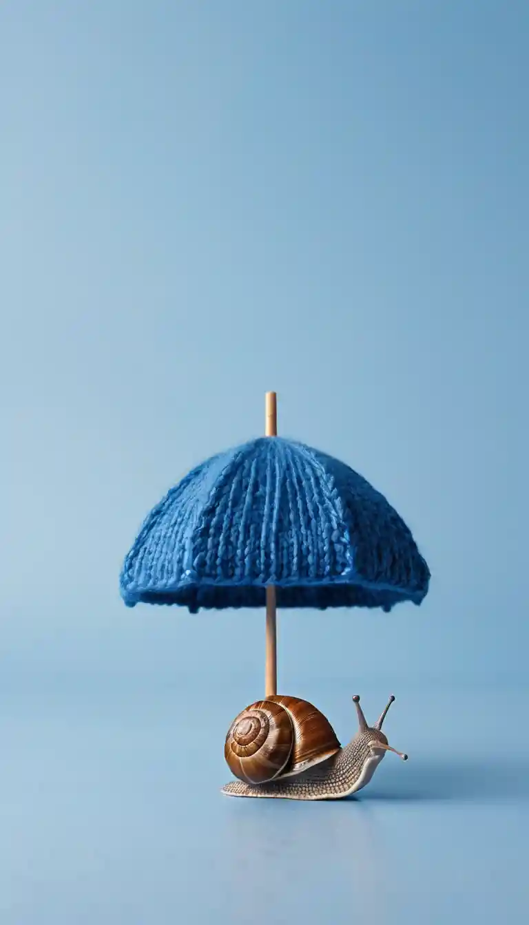A snail with a painted umbrella-shaped shell in a rainy cloudy scene