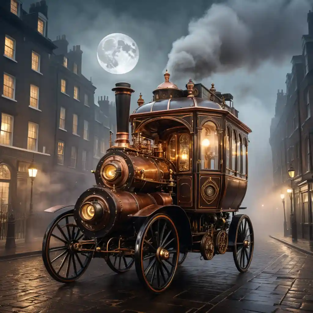 A brass time machine on a foggy Victorian London street