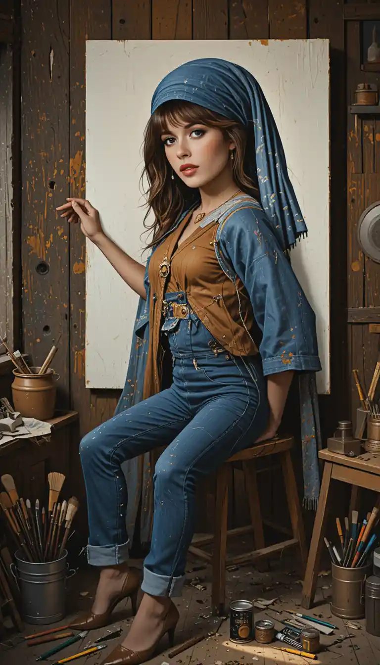 A brunette cowgirl poses beside a weathered wooden barn at sunset