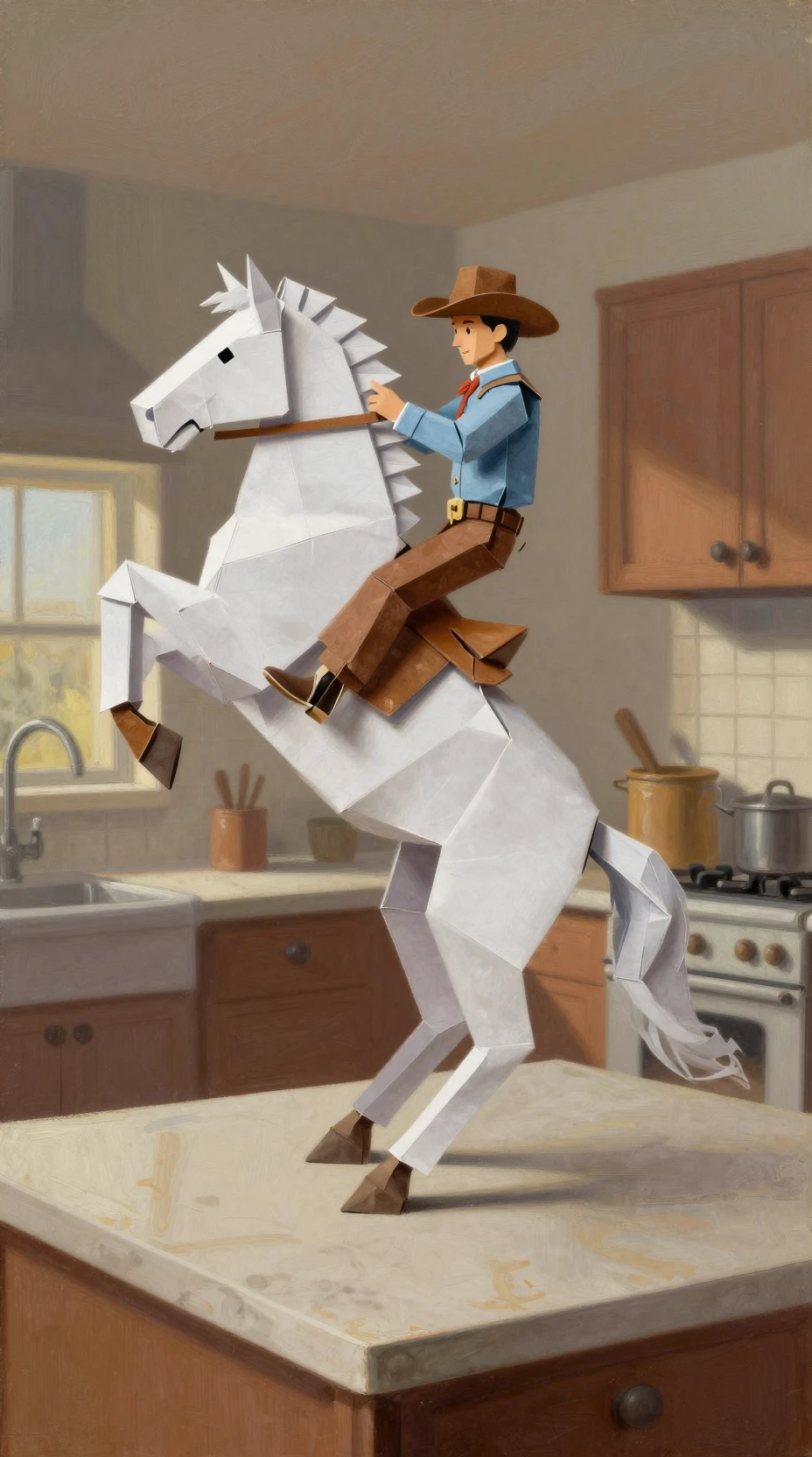 Un vaquero doma a un mustang que corcovea en la cocina de un rascacielos al amanecer