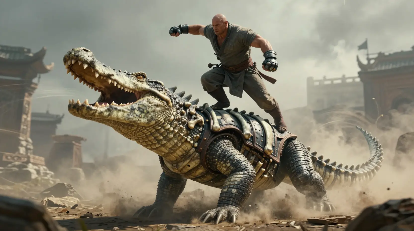 A bald warrior delivers an uppercut to a bone armored beast