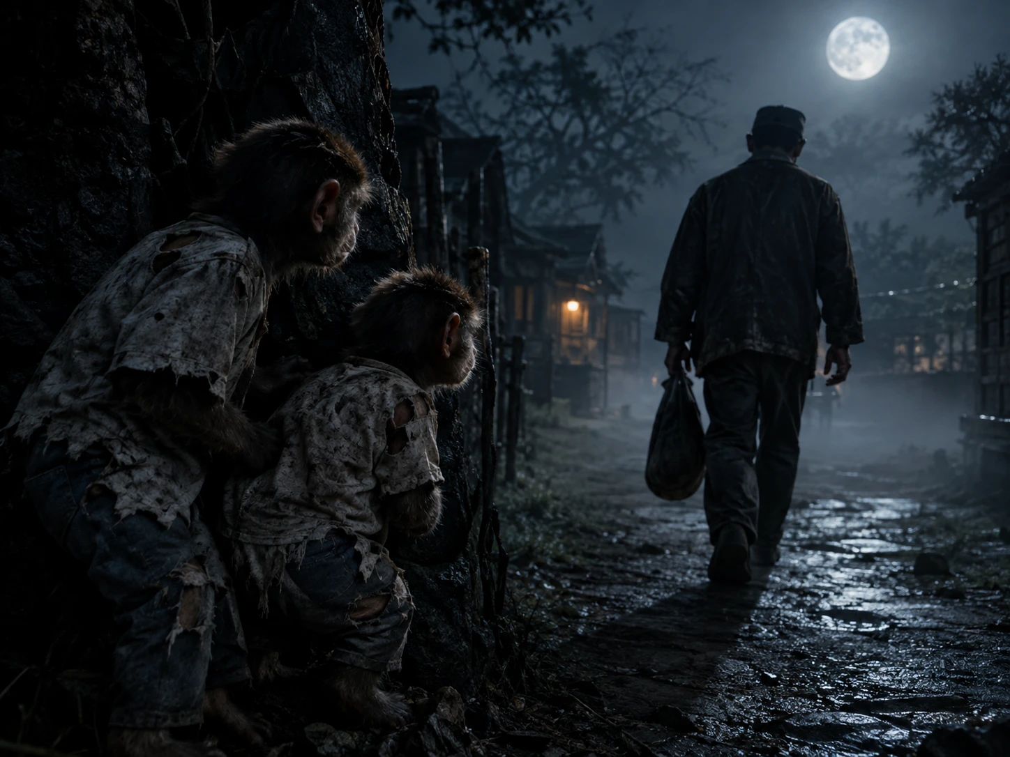 Two monkeys hide behind a walking man on a midnight village road