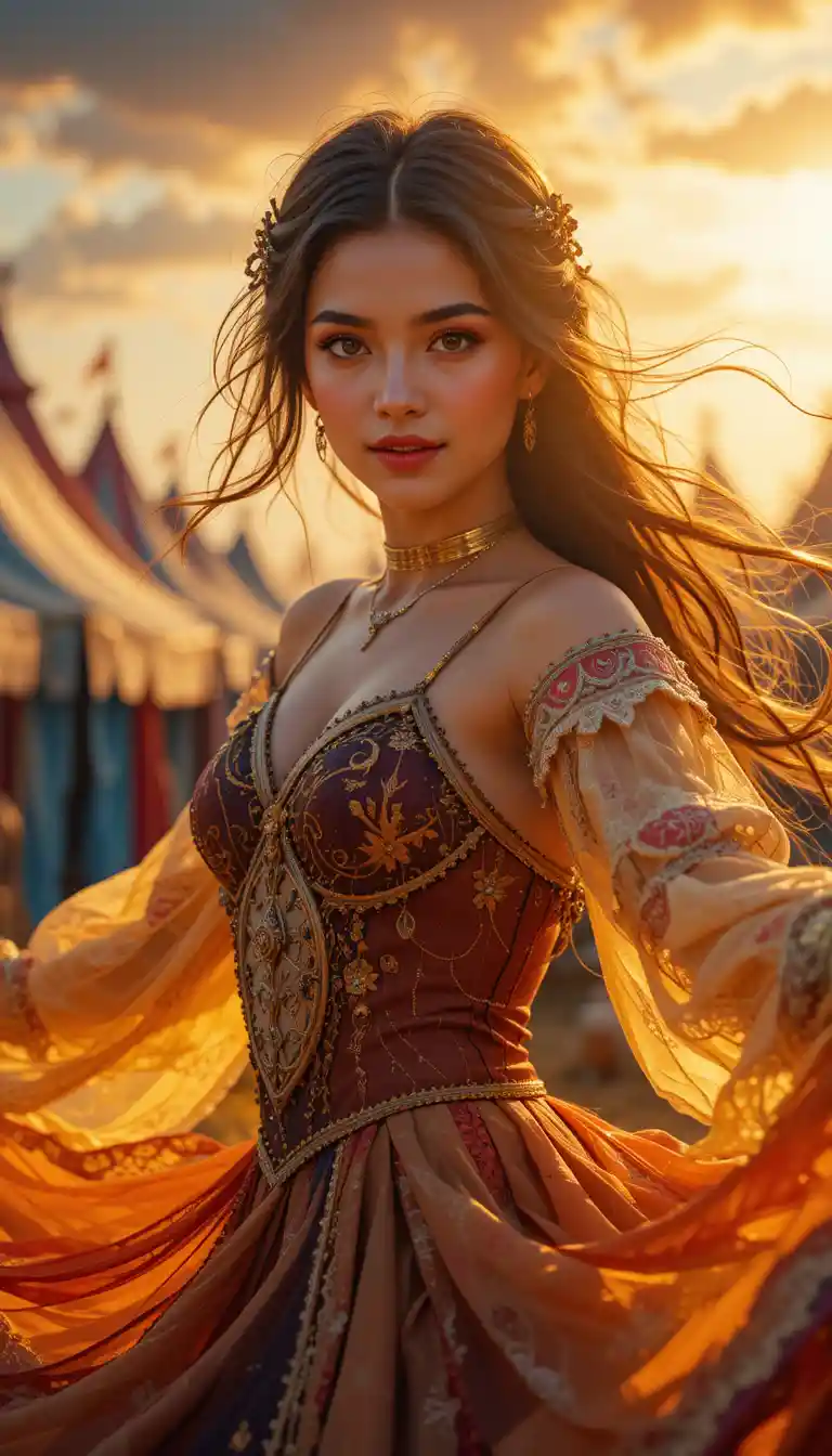 A Medieval Dancer Twirls Beside Colorful Tents Beneath the Golden Sunset