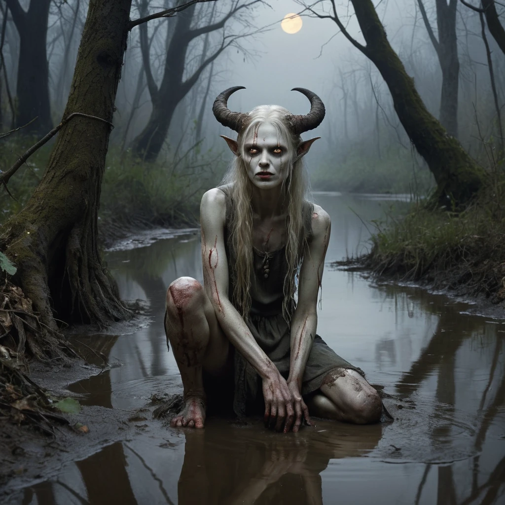 A river spirit and ghoul meet beneath a red moon