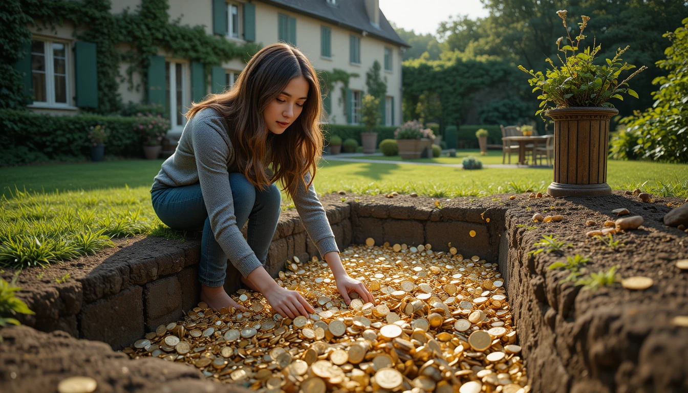 A woman kneels beside a garden pit filled with gleaming gold treasure