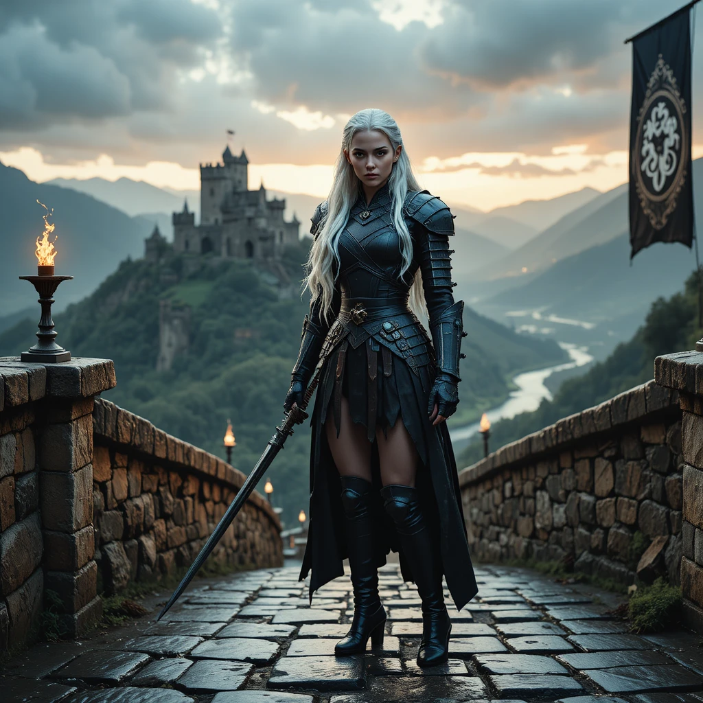 White-haired warrior woman stands on a castle's wet stone steps