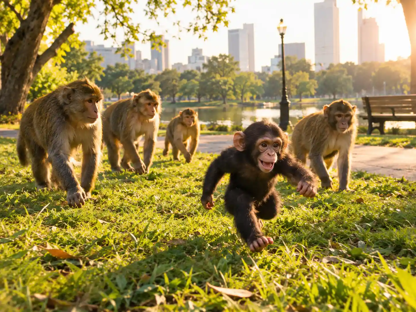 Five monkeys roam a sunlit city park as a young chimp jumps ahead