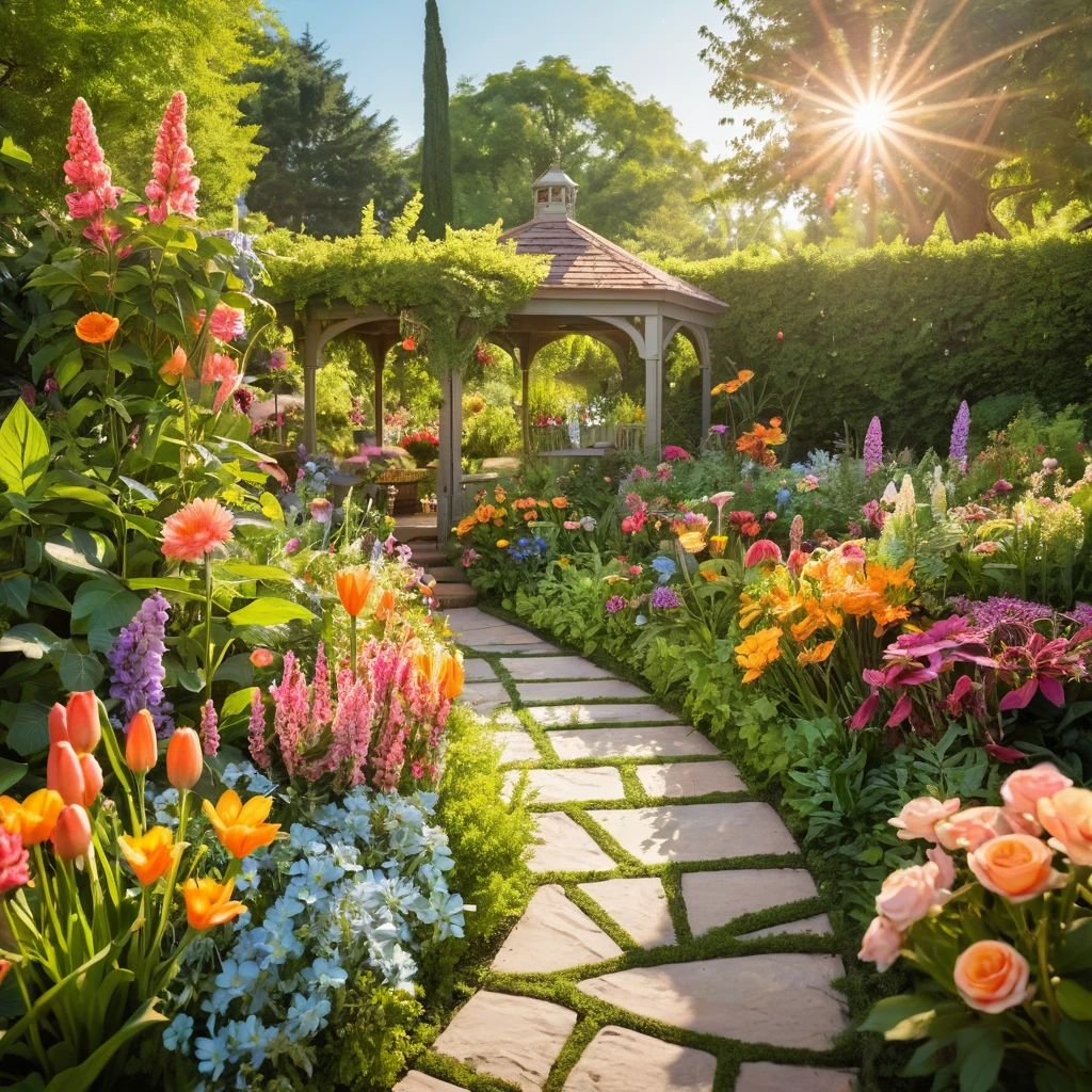 Vibrant Flowers Bloom Amid Lush Greenery in a Whimsical Garden
