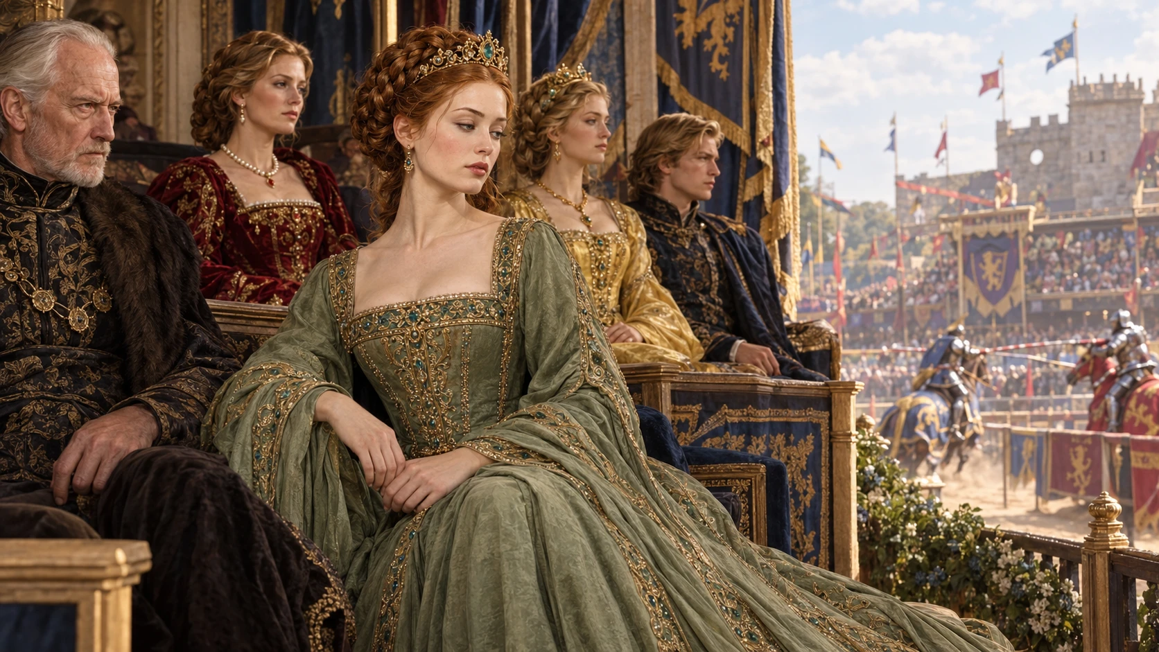 A tiara-wearing woman watches jousting in an embroidered green gown