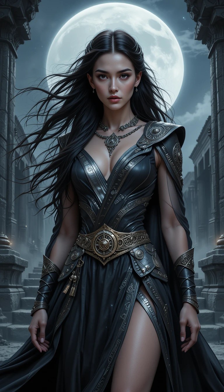 Norse goddess Freya in a warrior robe before a moonlit temple