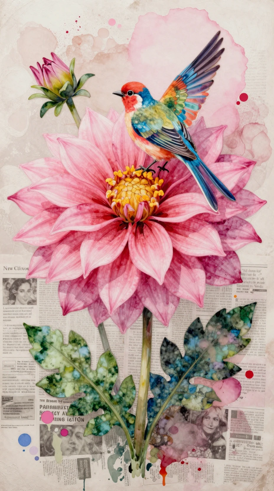 A Vivid Pink Fantasy Flower In Textured Mixed Media Artwork