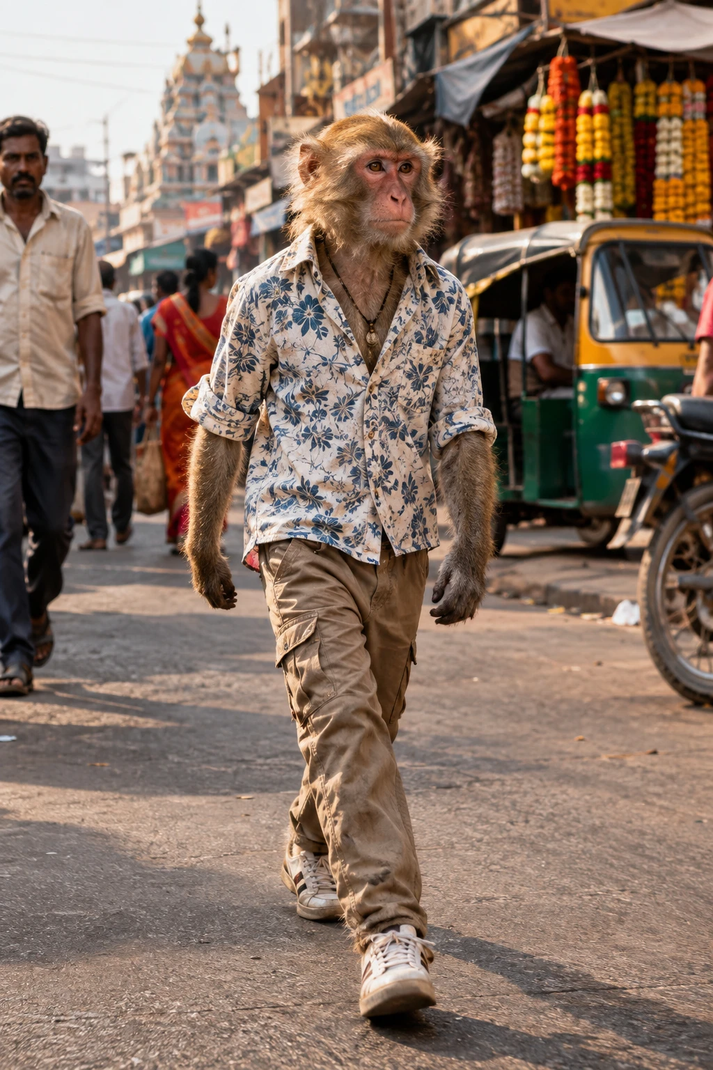 A monkey walks upright through a busy Indian street in casual clothes