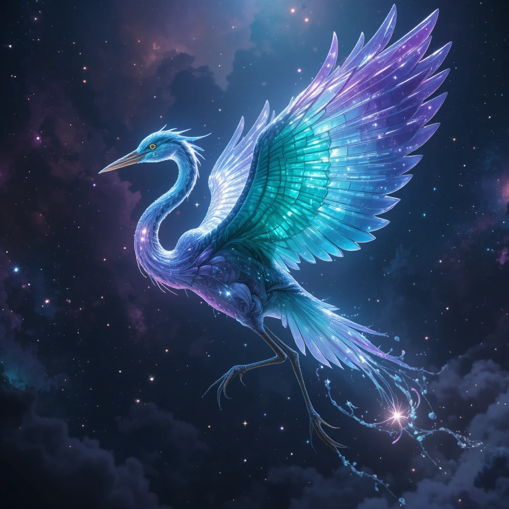 A Crystal Heron Soars Through A Starry River In Deep Space