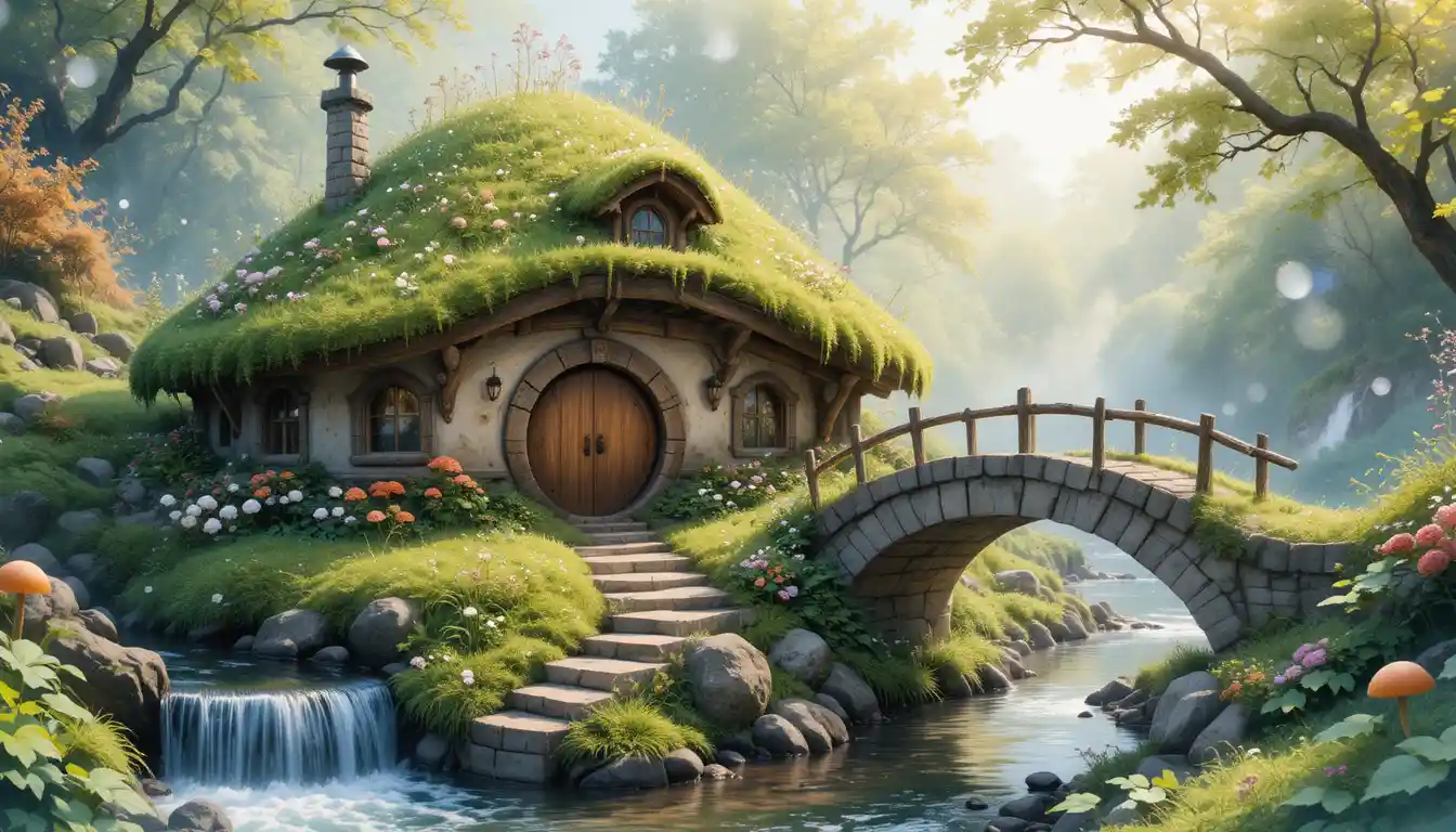 A cozy hobbit home nestled beside a cascading waterfall