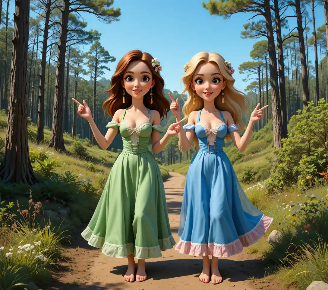 Two young women in Bavarian dresses pose on a forest path
