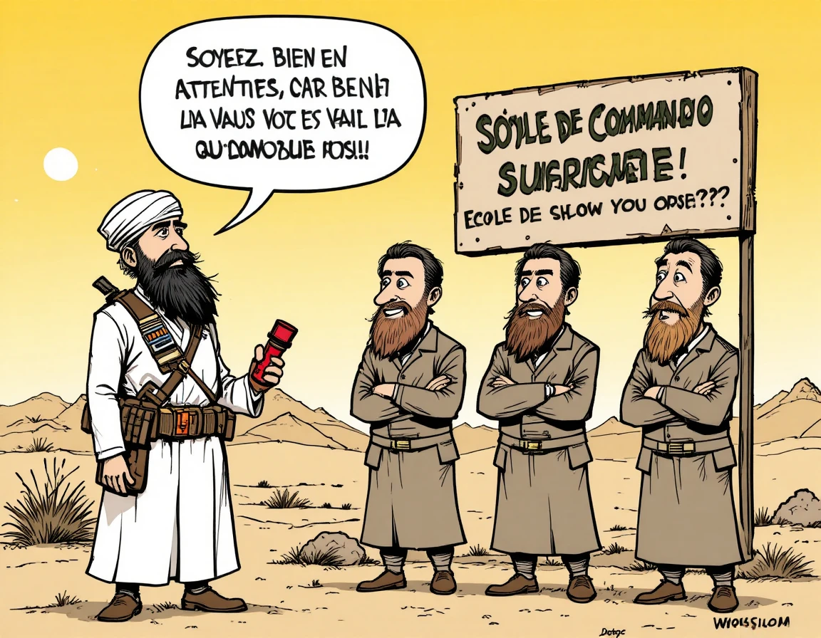 A turbaned speaker addresses bearded men at a desert suicide commando school