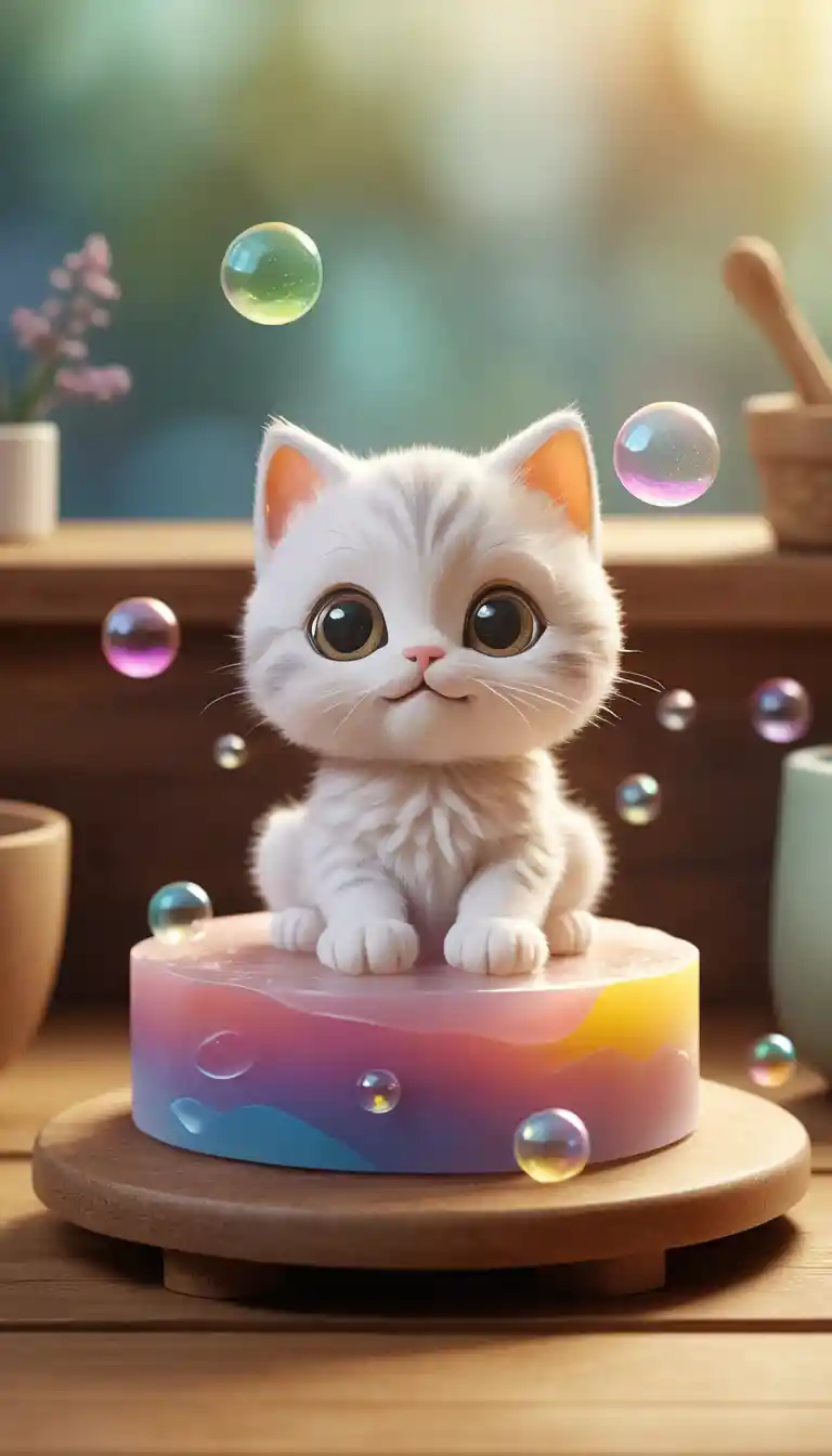 Tiny Kitten Shaped Bubbles Sit and Glide Across a Giant Soap Bar