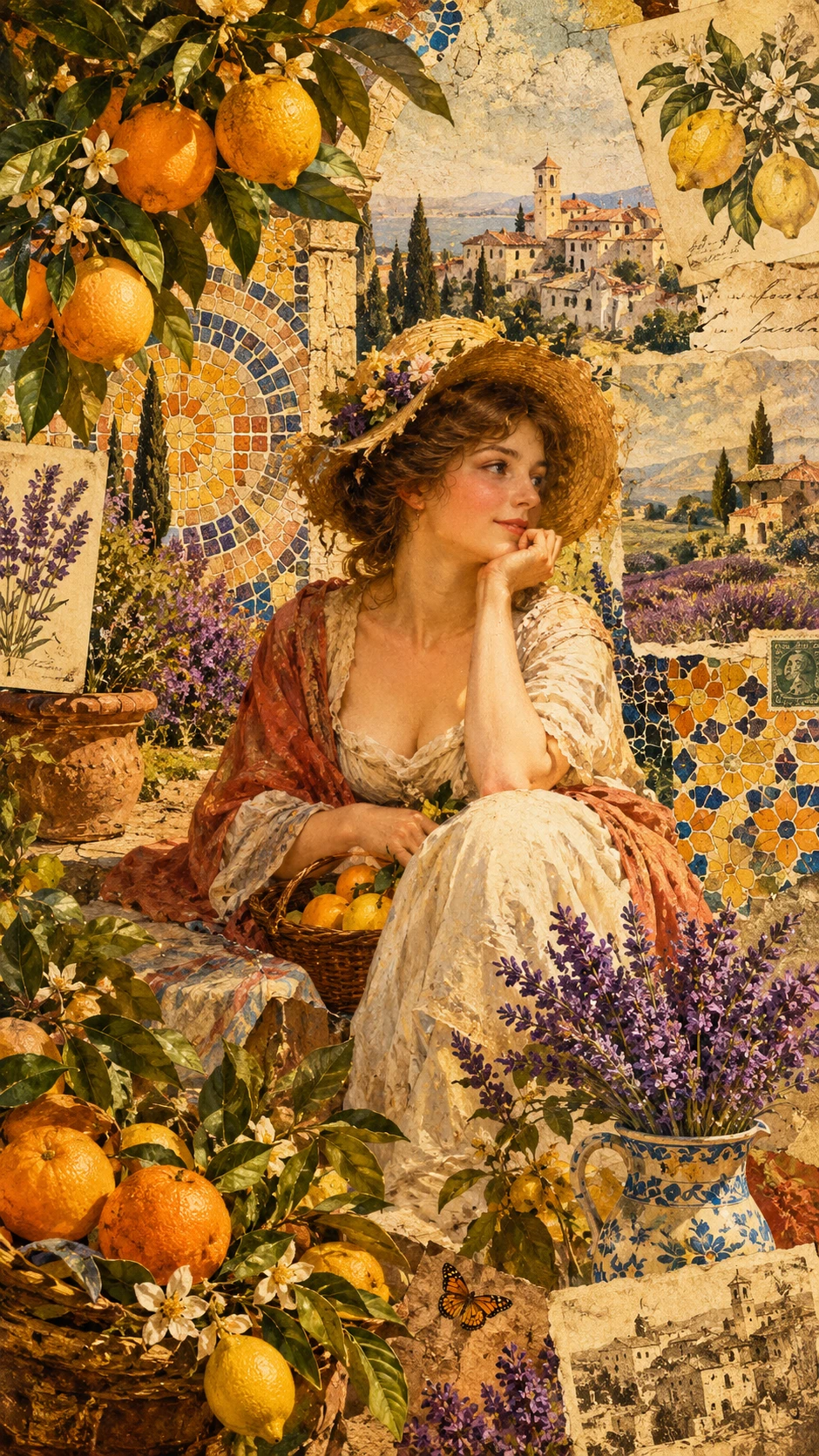 Una mujer en un jardín dentro de un collage nostálgico en capas
