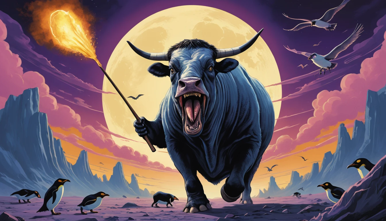 A bewildered cow soars through twilight propelled by a yellow tennis racket