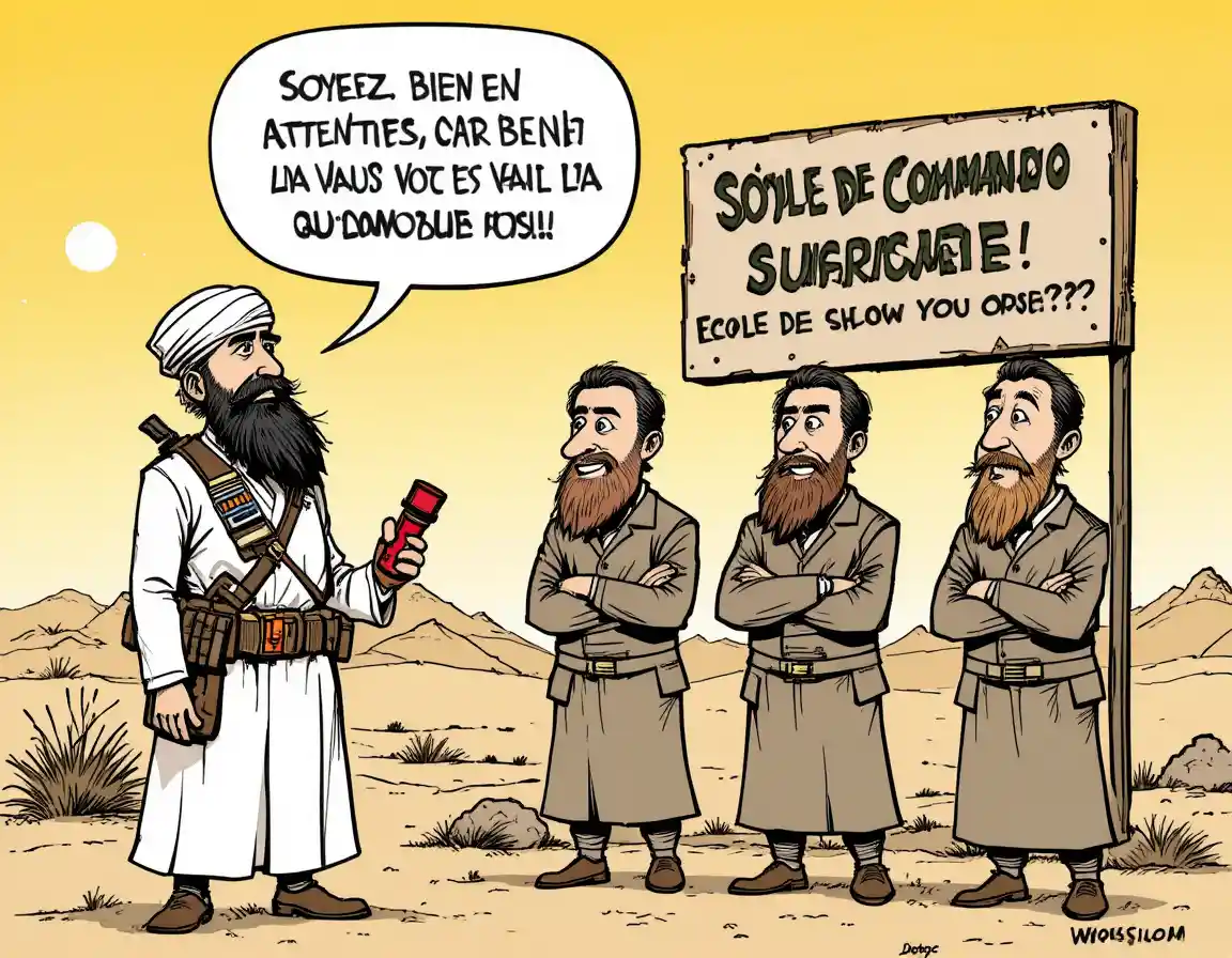 A turbaned speaker addresses bearded men at a desert suicide commando school