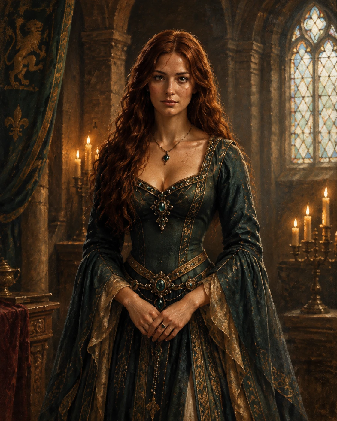 A resolute young woman stands within a candlelit medieval castle