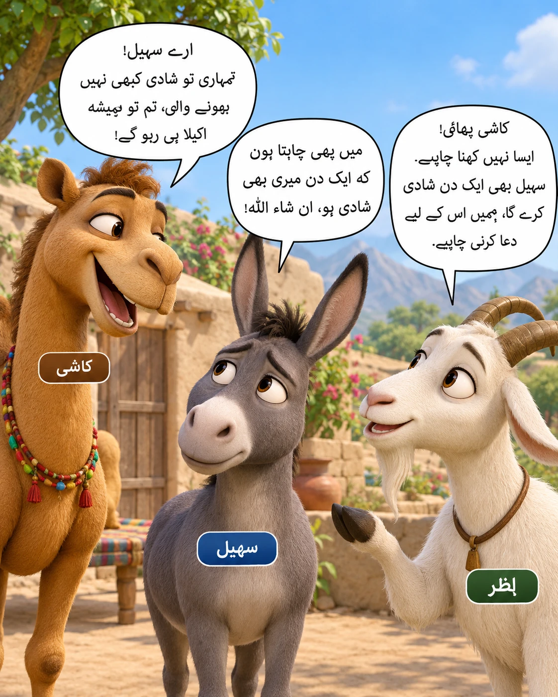 Tres amigos animales de dibujos animados conversan en una aldea pakistaní