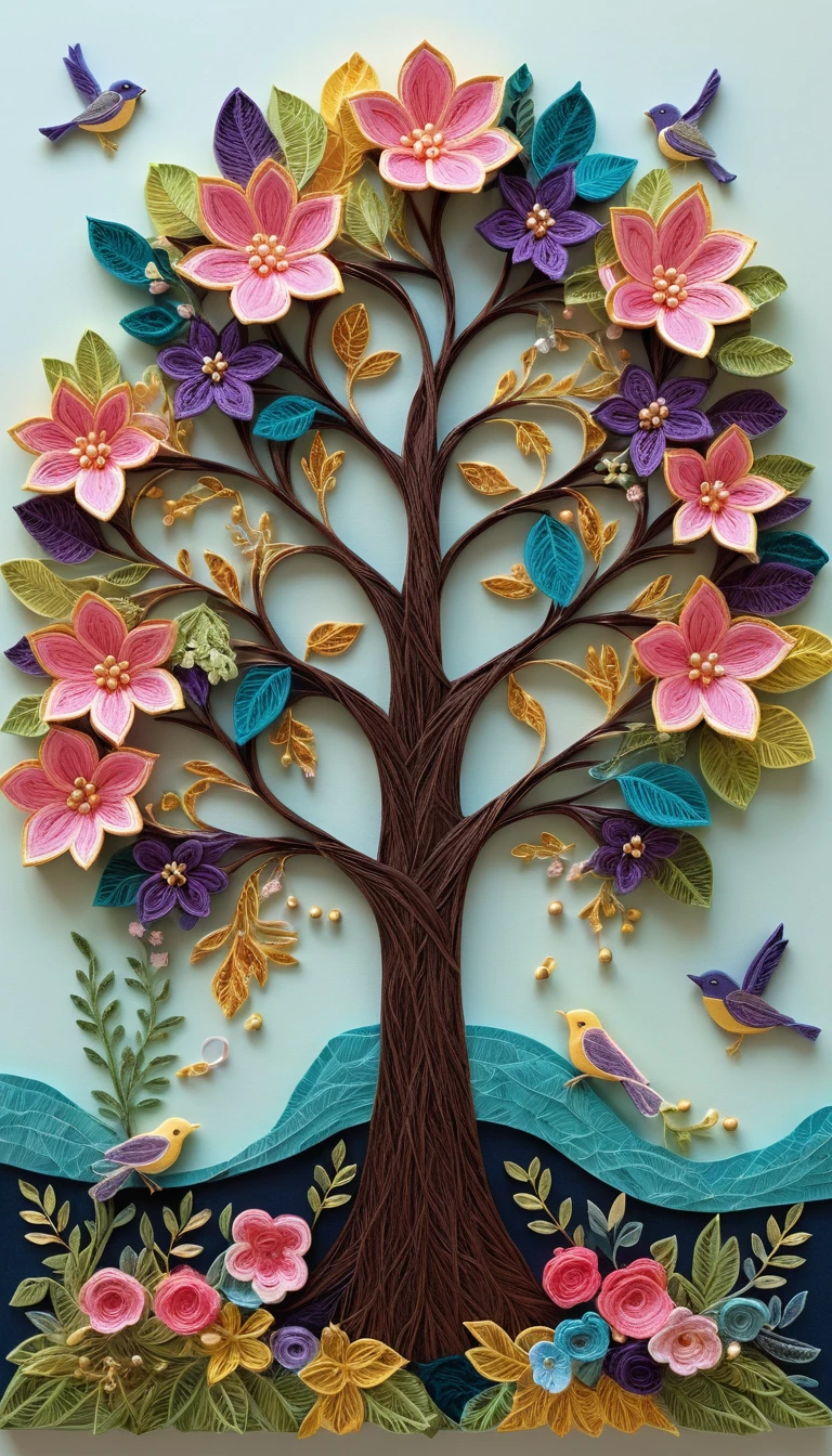 A paper crafted tree adorned with layered flowers and veined leaves