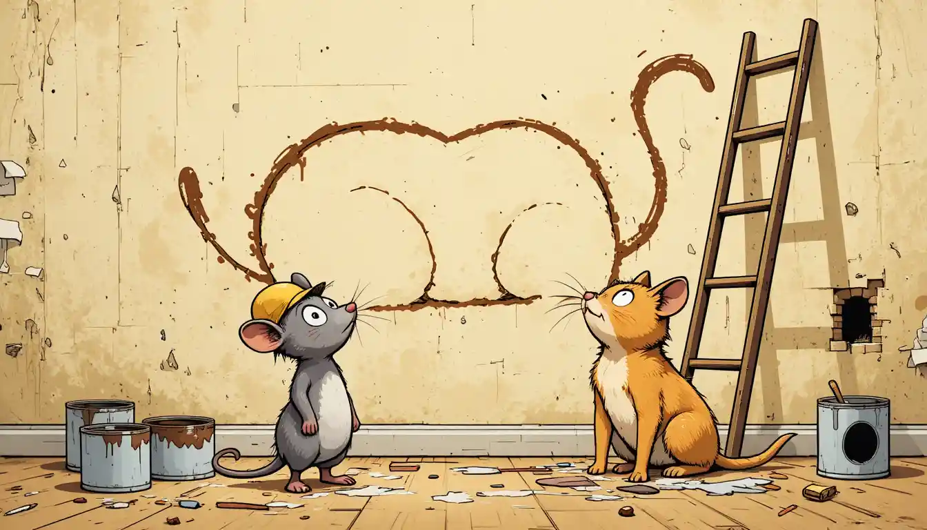 A mischievous mouse paints a sleeping cat outline beside a surprised cat