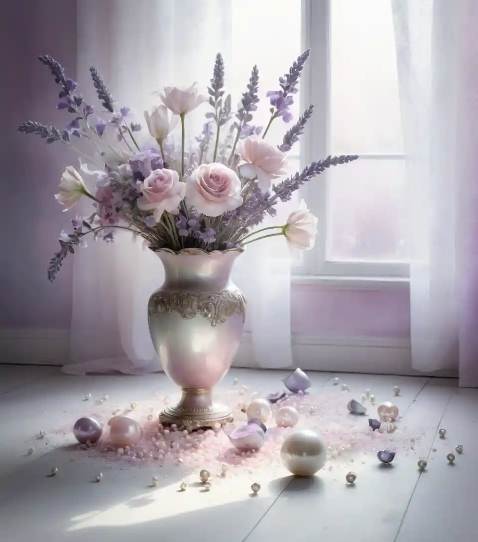 Un vaso rotto e dei fiori giacciono tra i frammenti sul pavimento