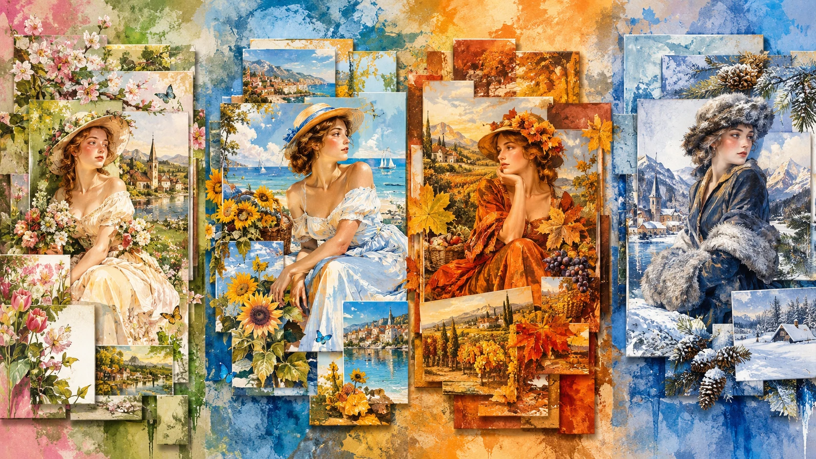 Cuatro mujeres a través de las estaciones en un tríptico de collage en capas