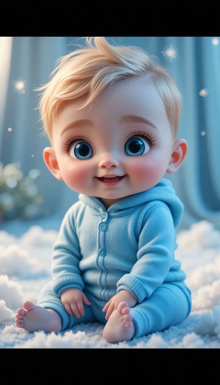 A baby wearing steel blue sits happily in a dreamy studio