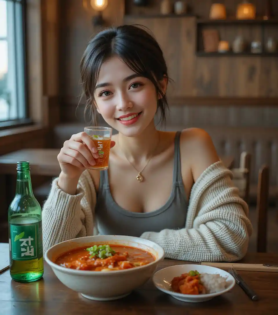 Young Woman Enjoys a Warm Meal at a Cozy Restaurant