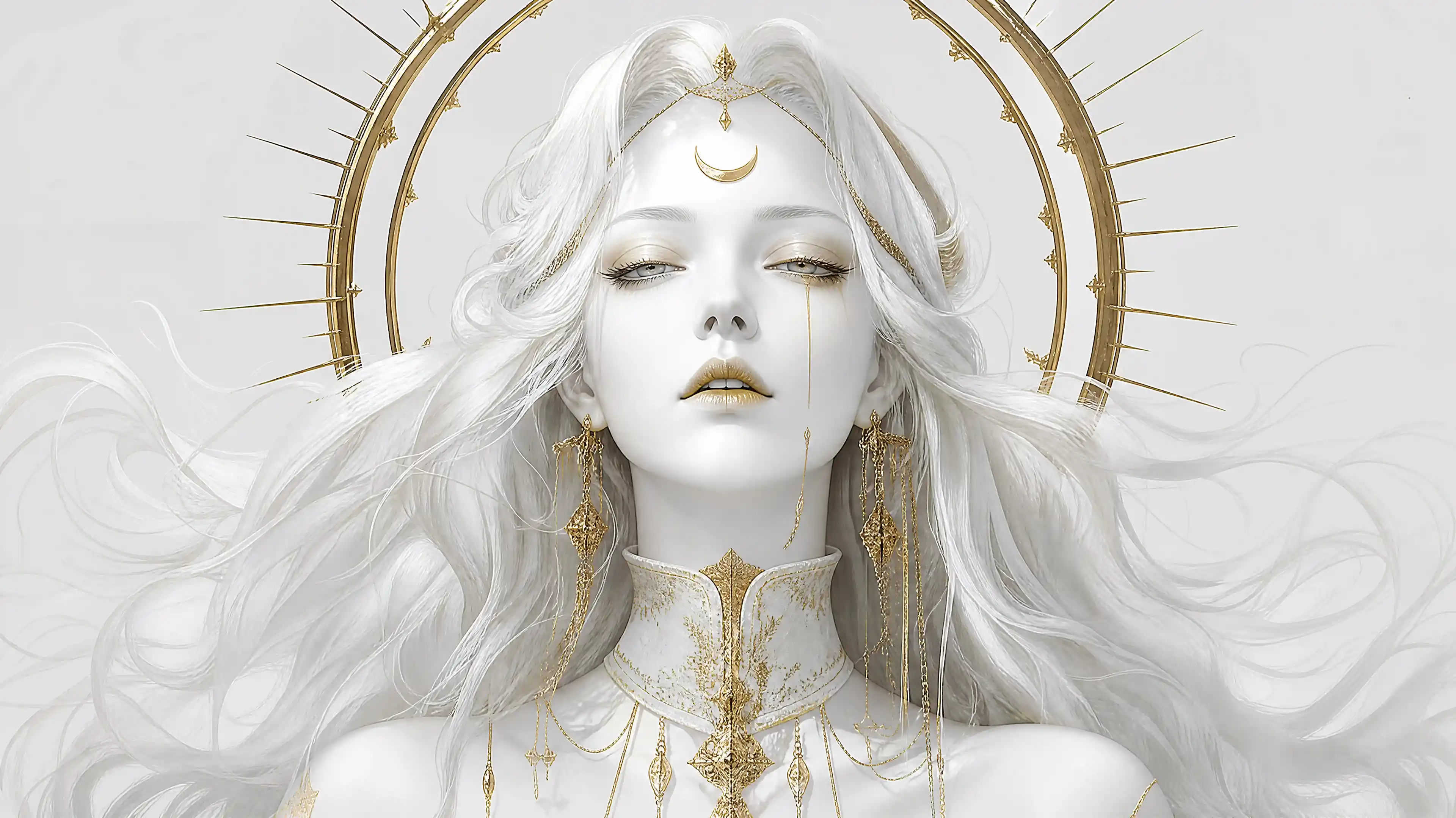 Women with snow-white skin and gold details in a mystical black-and-white vision