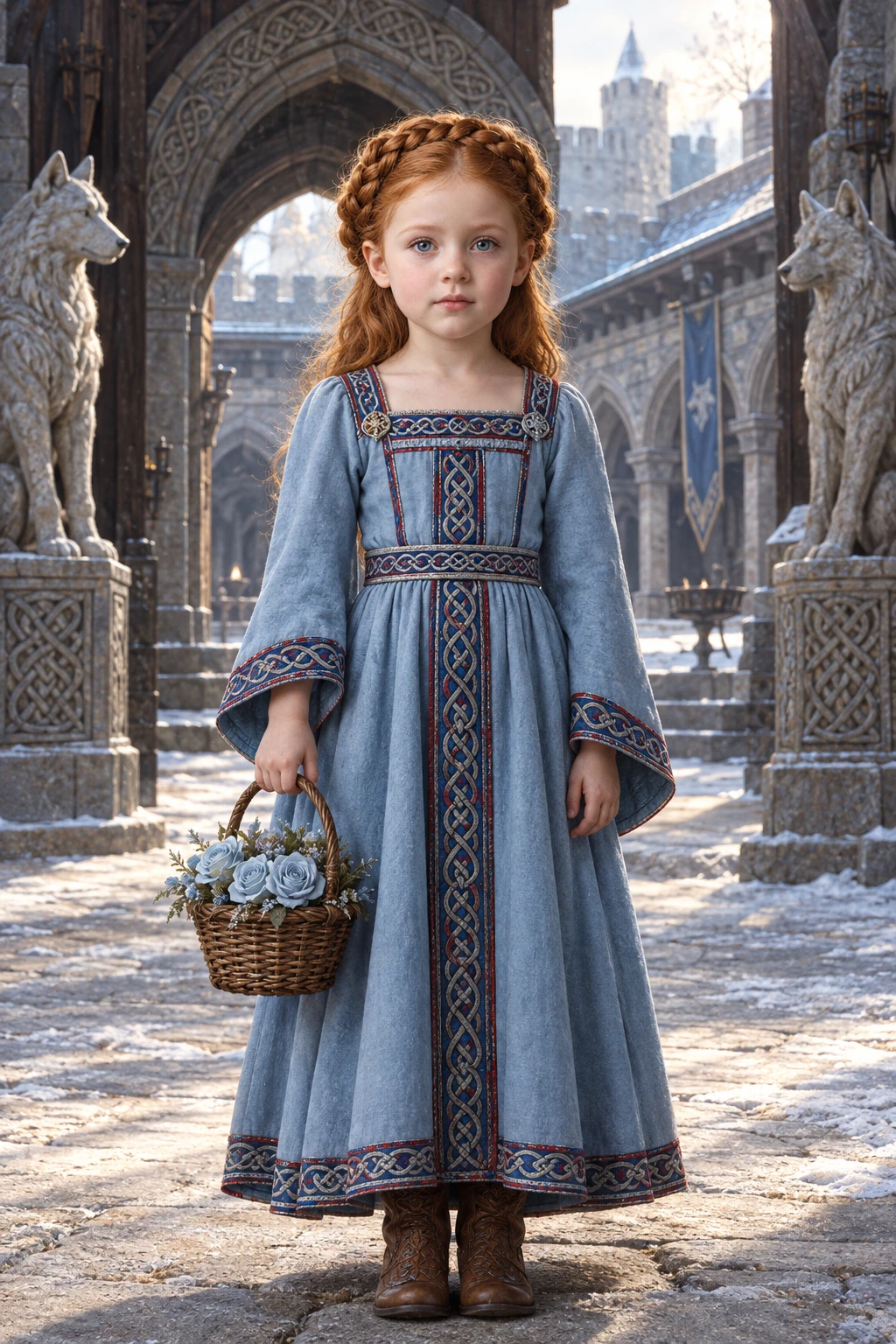 A curly red-haired girl holds flowers in a Renaissance portrait