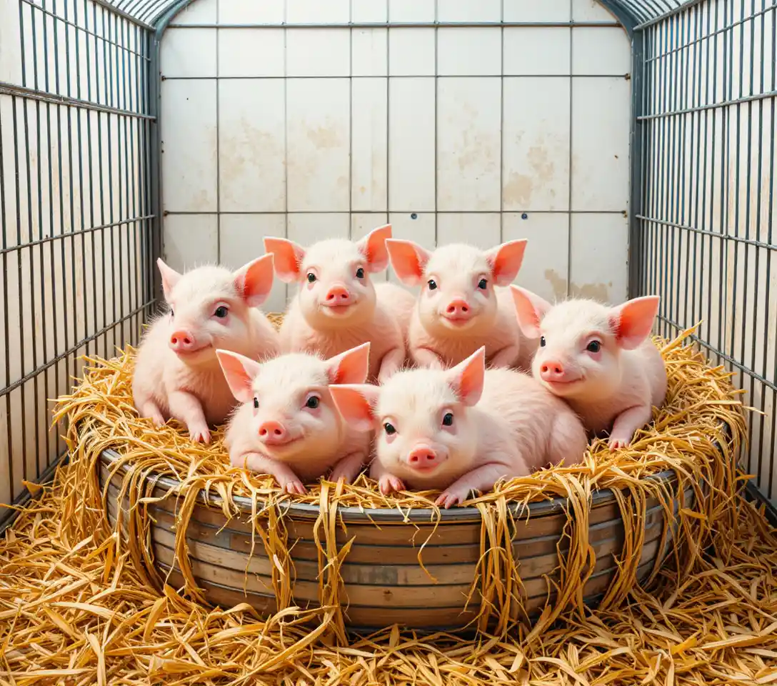 A group of pink piglets stands and rests among straw in a metal pen