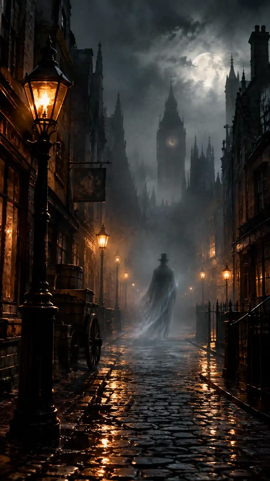 A spectral figure drifts through a foggy Victorian city street